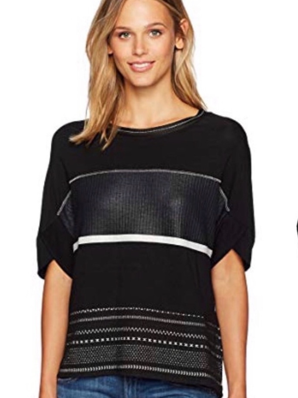 Desigual Black Short-Sleeve Knit Top with White Contrast Stripe